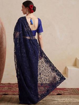 Navy blue embellished embroidered net designer saree 3