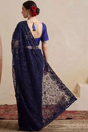 Navy blue embellished embroidered net designer saree