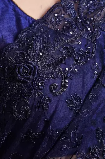 Navy blue embellished embroidered net designer saree