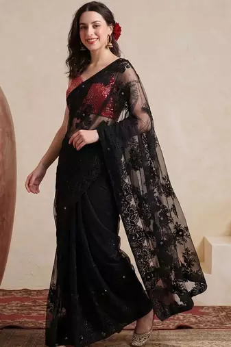 black embellished embroidered net designer saree