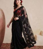 black embellished embroidered net designer saree