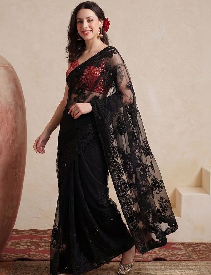 black embellished embroidered net designer saree