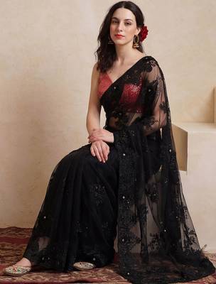 black embellished embroidered net designer saree 2