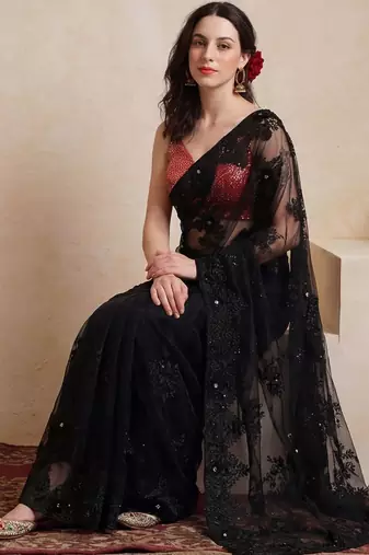 black embellished embroidered net designer saree