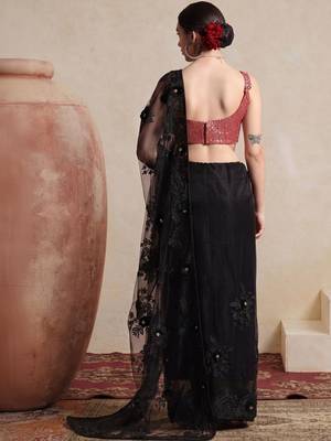 black embellished embroidered net designer saree 3