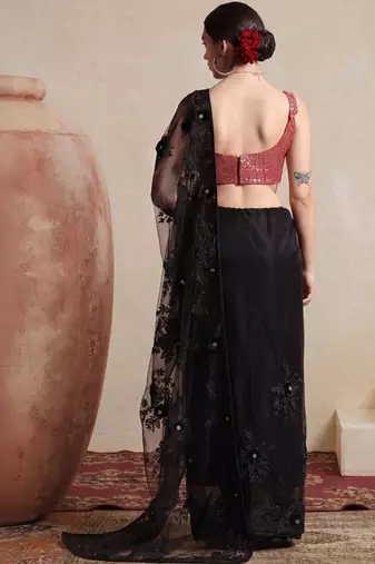black embellished embroidered net designer saree