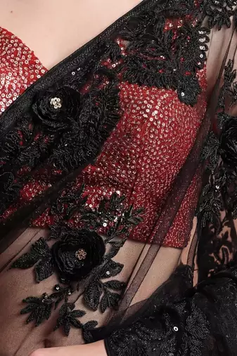 black embellished embroidered net designer saree