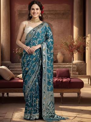teal woven design zari silk blend designer banarasi saree 1