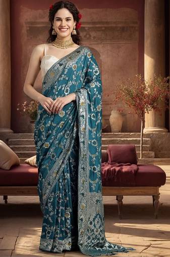 teal woven design zari silk blend designer banarasi saree