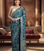 teal woven design zari silk blend designer banarasi saree