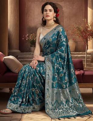 teal woven design zari silk blend designer banarasi saree 2