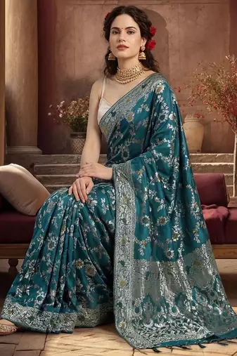 teal woven design zari silk blend designer banarasi saree