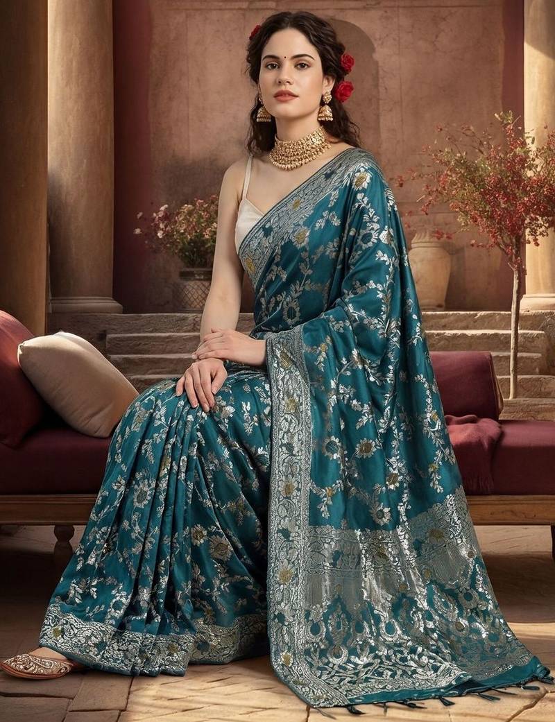 teal woven design zari silk blend designer banarasi saree
