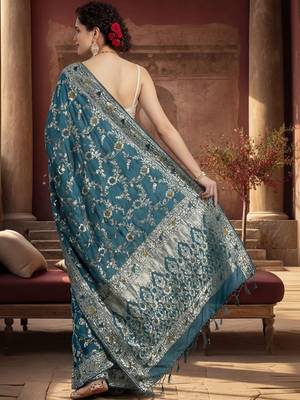 teal woven design zari silk blend designer banarasi saree 3