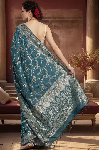 teal woven design zari silk blend designer banarasi saree