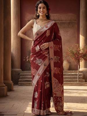 Maroon woven design zari silk blend designer banarasi saree 1