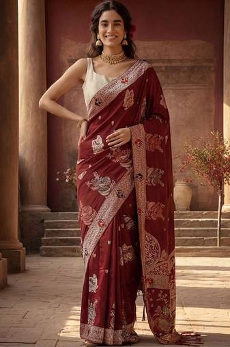Maroon woven design zari silk blend designer banarasi saree