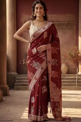 Maroon woven design zari silk blend designer banarasi saree