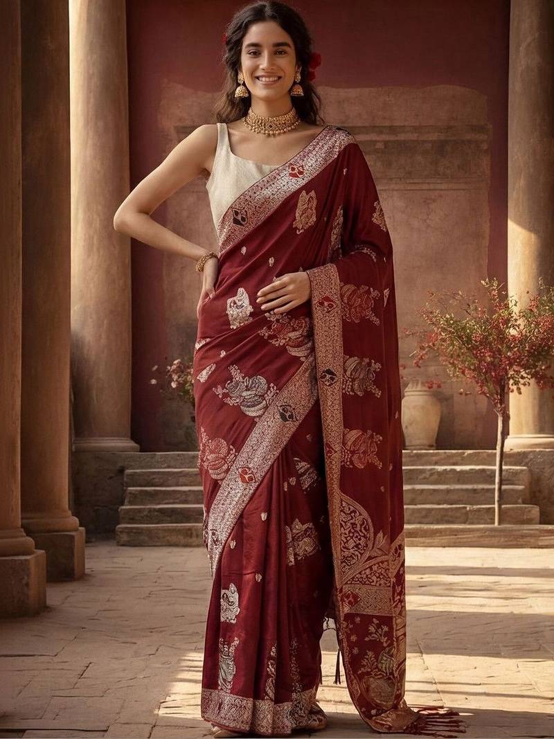 Maroon woven design zari silk blend designer banarasi saree