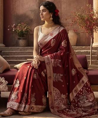 Maroon woven design zari silk blend designer banarasi saree 2