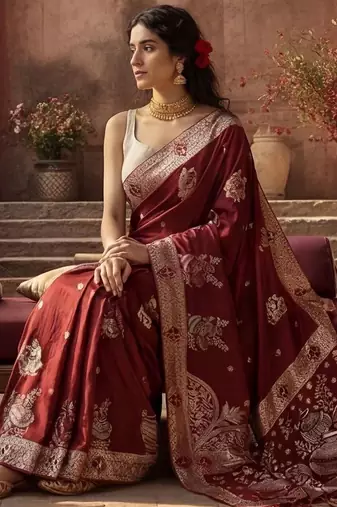 Maroon woven design zari silk blend designer banarasi saree