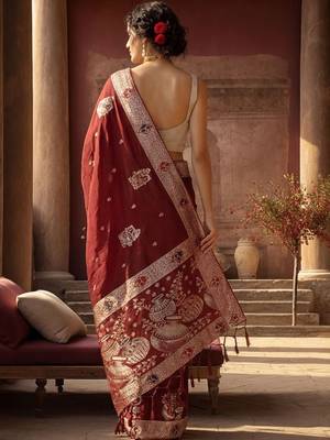 Maroon woven design zari silk blend designer banarasi saree 3