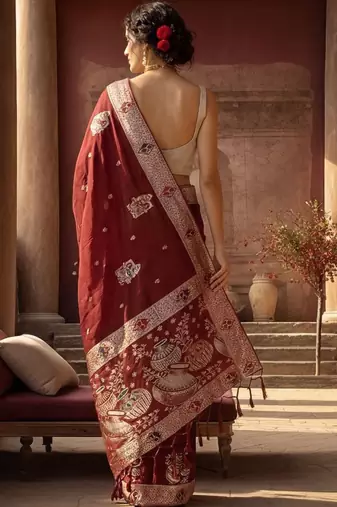 Maroon woven design zari silk blend designer banarasi saree