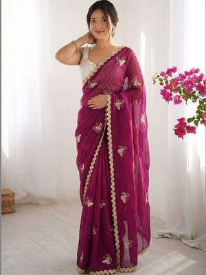 Magenta embellished sequinned satin designer saree 1