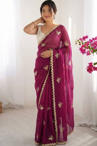 Magenta embellished sequinned satin designer saree