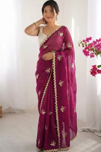 Magenta embellished sequinned satin designer saree