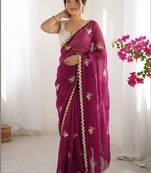 Magenta embellished sequinned satin designer saree