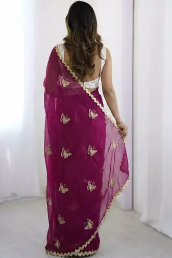 Magenta embellished sequinned satin designer saree