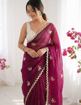 Magenta embellished sequinned satin designer saree 3