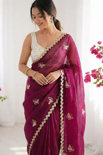 Magenta embellished sequinned satin designer saree