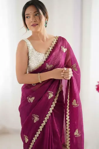Magenta embellished sequinned satin designer saree