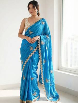 blue embellished sequinned satin designer saree 1