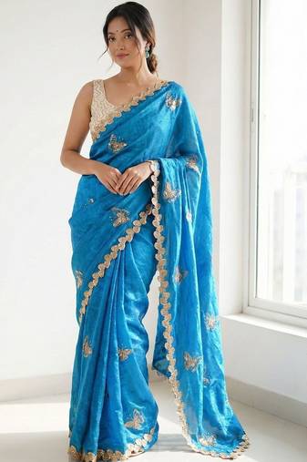 blue embellished sequinned satin designer saree