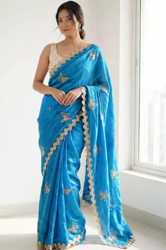 blue embellished sequinned satin designer saree