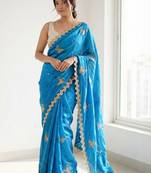 blue embellished sequinned satin designer saree