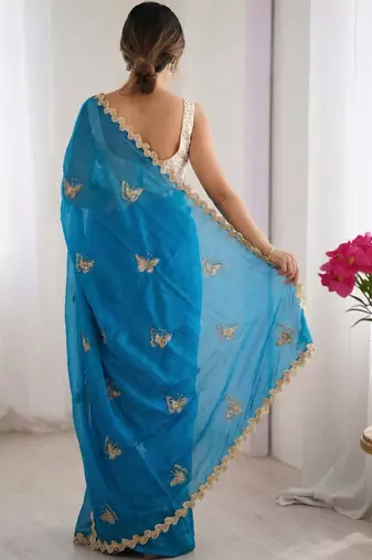 blue embellished sequinned satin designer saree