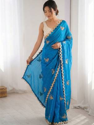 blue embellished sequinned satin designer saree 3