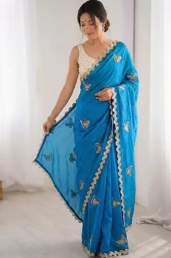 blue embellished sequinned satin designer saree