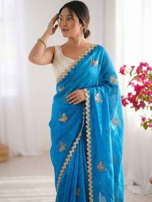 blue embellished sequinned satin designer saree 4