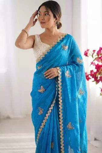 blue embellished sequinned satin designer saree
