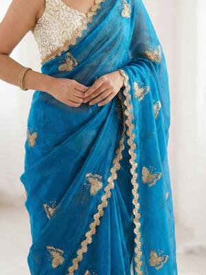 blue embellished sequinned satin designer saree 5