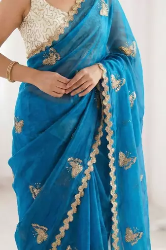 blue embellished sequinned satin designer saree
