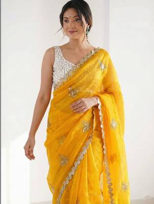 mustard embellished sequinned satin designer saree 2