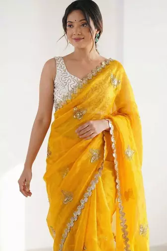 mustard embellished sequinned satin designer saree