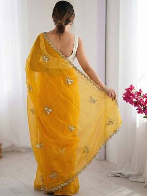 mustard embellished sequinned satin designer saree 3