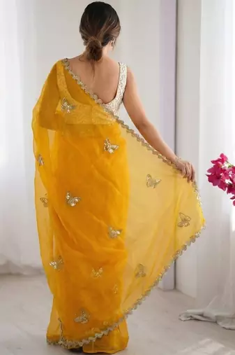 mustard embellished sequinned satin designer saree